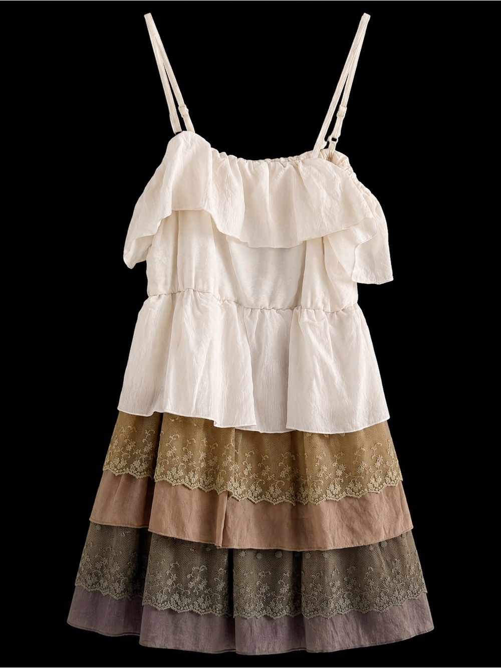 the clothing company Cream and Earth-Tone Tiered Mini Dress